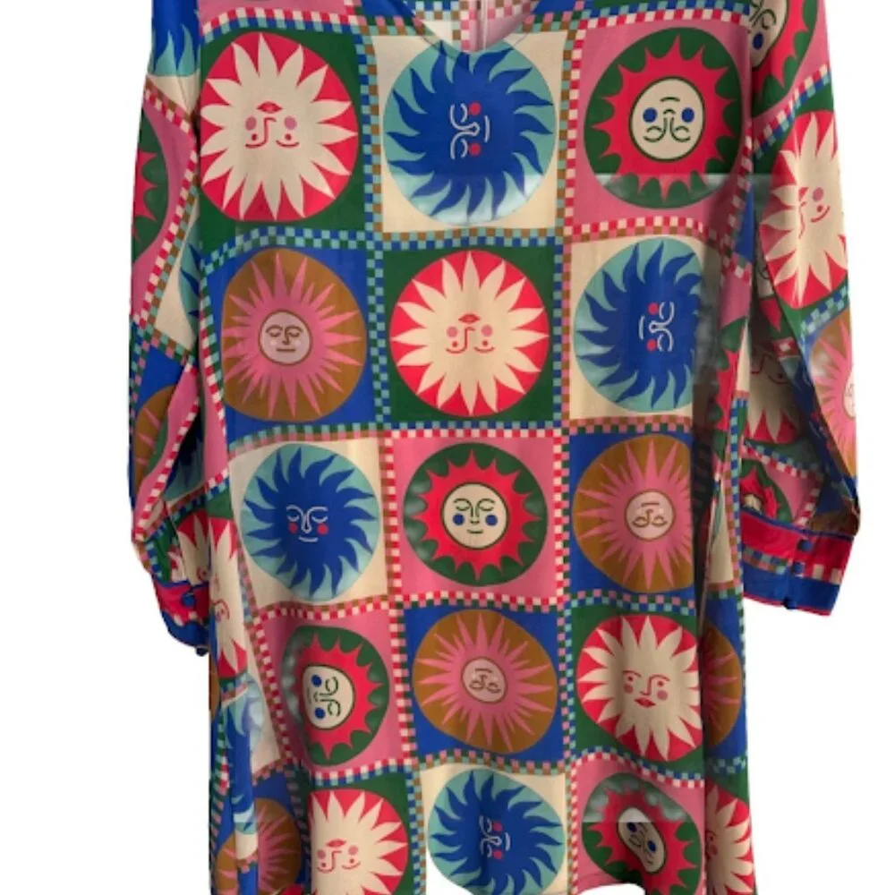 Johnny Was Workshop Silk V-Neck Swing Dress Sun Pattern Colorful Lionora Size S - Picture 3 of 9